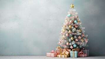 An artistic composition featuring a Christmas tree with pastel-colored decorations, set against a textured background that adds depth to the scene, providing space for text. AI generated photo