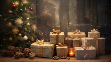 An artistic composition featuring Christmas gifts with textured, rustic accents in the background, creating a cozy and inviting scene for text to describe the anticipation of surprises. AI generated photo