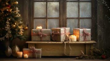 An artistic composition featuring Christmas gifts with textured, rustic accents in the background, creating a cozy and inviting scene for text to describe the anticipation of surprises. AI generated photo