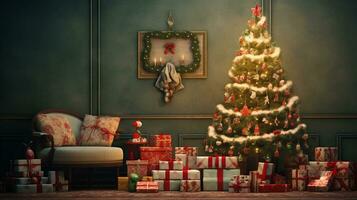 un artístico composición presentando Navidad regalos con texturizado, rústico acentos en el fondo, creando un acogedor y atractivo escena para texto a describir el anticipación de sorpresas ai generado foto