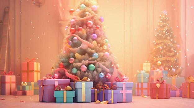 An enchanting scene of a Christmas tree surrounded by presents and a pastel-colored ambiance, creating a magical atmosphere, with designated areas for text. AI generated photo