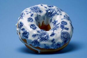 blue delft floral print donut icing food photograph photo