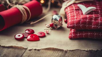 A close-up shot capturing the meticulous details of crafting personalized Christmas cards, against a textured, cozy fabric background, leaving space for tex. AI generated photo