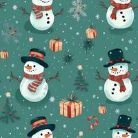 A vintage playful art design of christmas snowman seamless pattern, cartoon style, watercolor style, AI generated photo