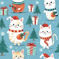 A vintage playful art design of christmas cats seamless pattern, cartoon style, watercolor style, AI generated photo