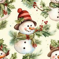 A vintage playful art design of christmas snowman seamless pattern, cartoon style, watercolor style, AI generated photo