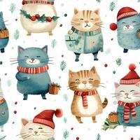 A vintage playful art design of christmas cats seamless pattern, cartoon style, watercolor style, AI generated photo