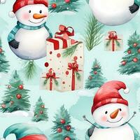 A vintage playful art design of christmas snowman seamless pattern, cartoon style, watercolor style, AI generated photo