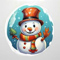 A vintage playful vector art design of a christmas snowman, cartoon style, pastel background, AI generated photo