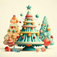 A vintage playful vector art design of a christmas trees and decorations, cartoon style, clean pastel background, AI generated photo