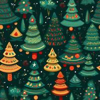 A vintage playful vector art design of christmas trees and decorations pattern, cartoon style, AI generated photo