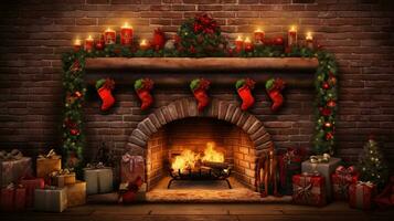 An enchanting scene of Christmas decorations adorning a cozy fireplace mantel, with a textured, brick wall background. AI generated photo