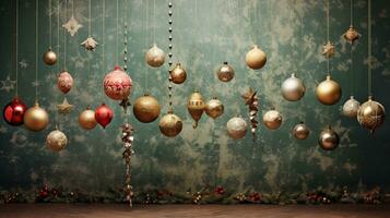 An artistic composition featuring vintage-inspired Christmas decorations, like antique baubles and tinsel, set against a textured, aged wallpaper background. AI generated photo