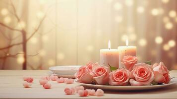 A scene of a beautifully set romantic dinner table with candles roses and textured warm-toned tableware, providing space for text. AI generated photo