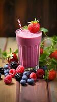 A delightful berry smoothie with a medley of fresh berries, set against a textured wooden surface. The natural backdrop is perfect for featuring your smoothie's flavor. Vertical format. AI generated photo