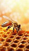 un de cerca Disparo de un miel abeja en el medio de productor miel con espacio para texto, enfatizando su Notable contribución a esta natural proceso. vertical formato. ai generado foto