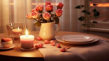 A scene of a beautifully set romantic dinner table with candles roses and textured warm-toned tableware, providing space for text. AI generated photo