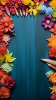 A composition of color pencils neatly arranged alongside vibrant flowers on a textured surface with space for text, conveying the fusion of artistry and nature. Vertical format. AI generated photo