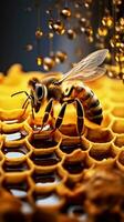 A close-up shot of a honey bee in the midst of producing honey with space for text, emphasizing their remarkable contribution to this natural process. Vertical format. AI generated photo