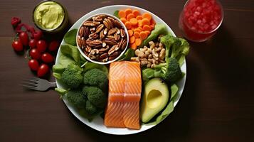 un fotografía exhibiendo un vistoso y equilibrado comida presentando corazón saludable comidas me gusta salmón, frondoso verduras, y nueces, con habitación para texto. ai generado foto