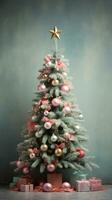 An artistic composition featuring a Christmas tree with pastel-colored decorations, set against a textured background that adds depth to the scene. Vertical format. AI generated photo