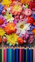 A composition of color pencils neatly arranged alongside vibrant flowers on a textured surface with space for text, conveying the fusion of artistry and nature. Vertical format. AI generated photo