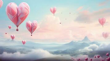 A whimsical scene featuring heart-shaped hot air balloons in soft pastel tones soaring above a pastel landscape, inviting text to capture the sense of adventure in love. AI generated photo