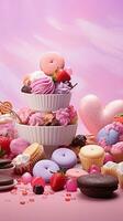 An artistic composition featuring an assortment of Valentine's Day sweets and chocolates on a textured, pastel-colored background, space for text. Vertical format. AI generated photo