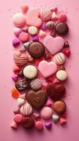 An artistic composition featuring an assortment of Valentine's Day sweets and chocolates on a textured, pastel-colored background, space for text. Vertical format. AI generated photo