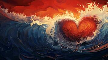 An artistic composition showcasing an abstract heart shape pulsating rhythmically amidst a background of flowing waves and patterns, allowing space for text. AI generated photo
