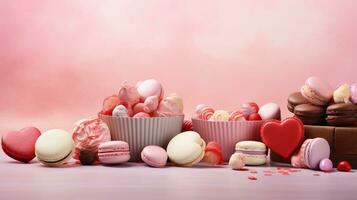 An artistic composition featuring an assortment of Valentine's Day sweets and chocolates on a textured, pastel-colored background. AI generated photo