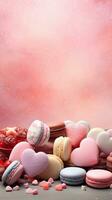 un artístico composición presentando un surtido de San Valentín día dulces y chocolates en un texturizado, color pastel fondo, espacio para texto. vertical formato. ai generado foto