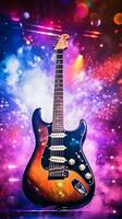 An enchanting scene of an electric guitar bathed in colorful stage lights, set against a textured, dynamic background, conveying the energy of a live performance. Vertical format. AI generated photo