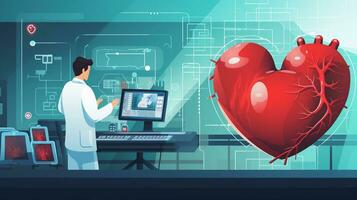 An image featuring a person having a heart checkup with a medical professional, surrounded by heart health monitoring equipment, leaving space for text. AI generated photo