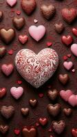 An illustration of heart-shaped chocolates adorned with tiny hearts and romantic motifs, set against a textured background. Vertical format. AI generated photo