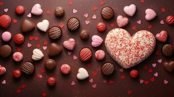 An illustration of heart-shaped chocolates adorned with tiny hearts and romantic motifs, set against a textured background, providing space for text to celebrate the Valentine's Day. AI generated photo