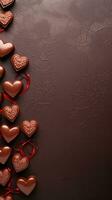 An image showcasing heart-shaped chocolates arranged elegantly on a textured surface, with a heart-shaped ornament nearby. Vertical format. AI generated photo