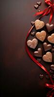 An image showcasing heart-shaped chocolates arranged elegantly on a textured surface, with a heart-shaped ornament nearby. Vertical format. AI generated photo