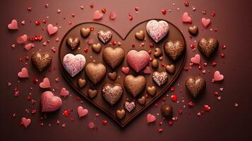 An illustration of heart-shaped chocolates adorned with tiny hearts and romantic motifs, set against a textured background, providing space for text to celebrate the Valentine's Day. AI generated photo