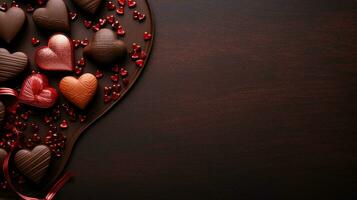 An image showcasing heart-shaped chocolates arranged elegantly on a textured surface, with a heart-shaped ornament nearby, leaving space for text. AI generated photo