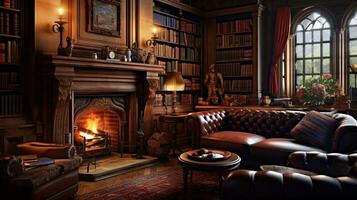 A cozy corner within a Victorian library, featuring a fireplace, leather-bound books, and plush seating, with space for text. AI generated photo