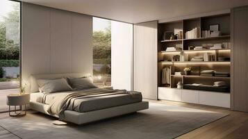 A serene scene capturing the tranquility of a contemporary-style bedroom with clean lines, integrated storage, and smart technology, allowing space for text. AI generated photo