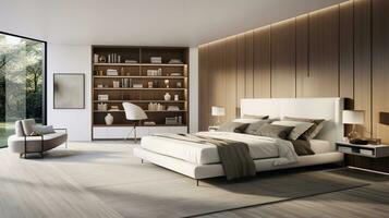 A serene scene capturing the tranquility of a contemporary-style bedroom with clean lines, integrated storage, and smart technology, allowing space for text. AI generated photo