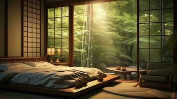 A serene scene capturing the tranquility of a Japanese ryokan-style bedroom with futon bedding, bamboo blinds, and a tokonoma alcove. AI generated photo