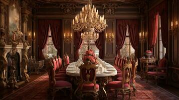 un artístico composición presentando un prodigar victoriano comida habitación, completar con un grandioso candelabro, Rico tapicería, y un formal comida mesa. ai generado foto