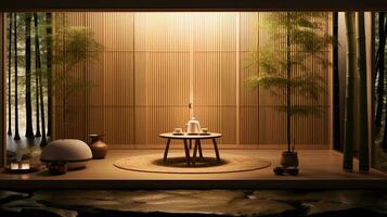 An artistic composition featuring a Zen-inspired Japanese tea room with a tokonoma alcove, bamboo tea utensils, and sliding doors leading to a garden. AI generated photo