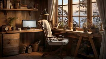 An artistic composition featuring a rustic home office nook with reclaimed wood furniture, vintage decor, and natural accents. AI generated photo