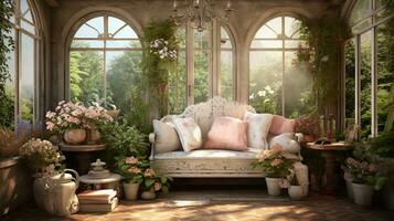 An image highlighting the beauty of a Cottage-style garden room, with large windows, potted plants, and shabby chic furniture. AI generated photo