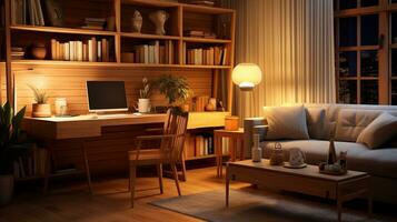 un imagen exhibiendo un acogedor hogar oficina con calentar madera tonos, felpa asientos, y suave Encendiendo. ai generado foto