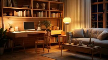 An image showcasing a cozy home office with warm wood tones, plush seating, and soft lighting. AI generated photo